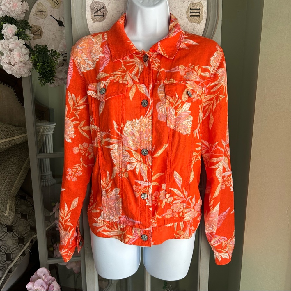 CYNTHIA ROWLEY Orange 100% Linen Floral Print Button Down Shacket Size M